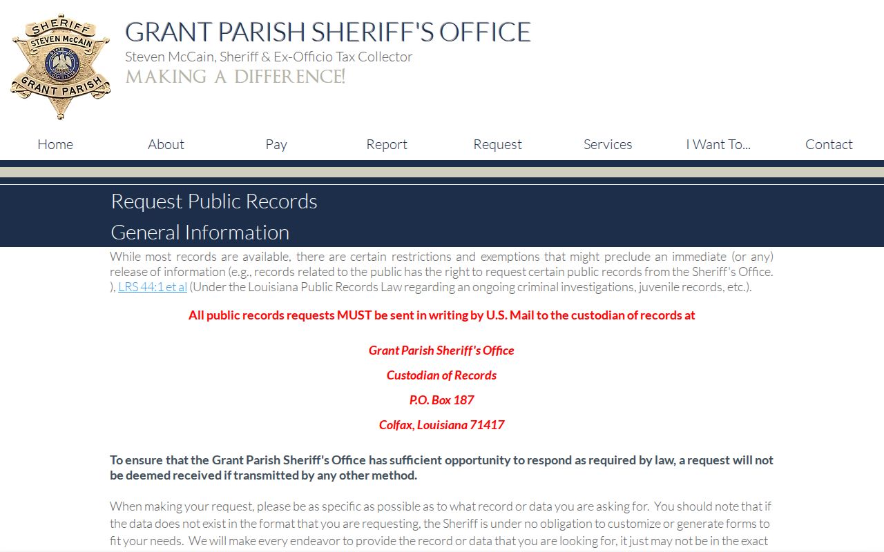 Grant Parish booking record public request policy